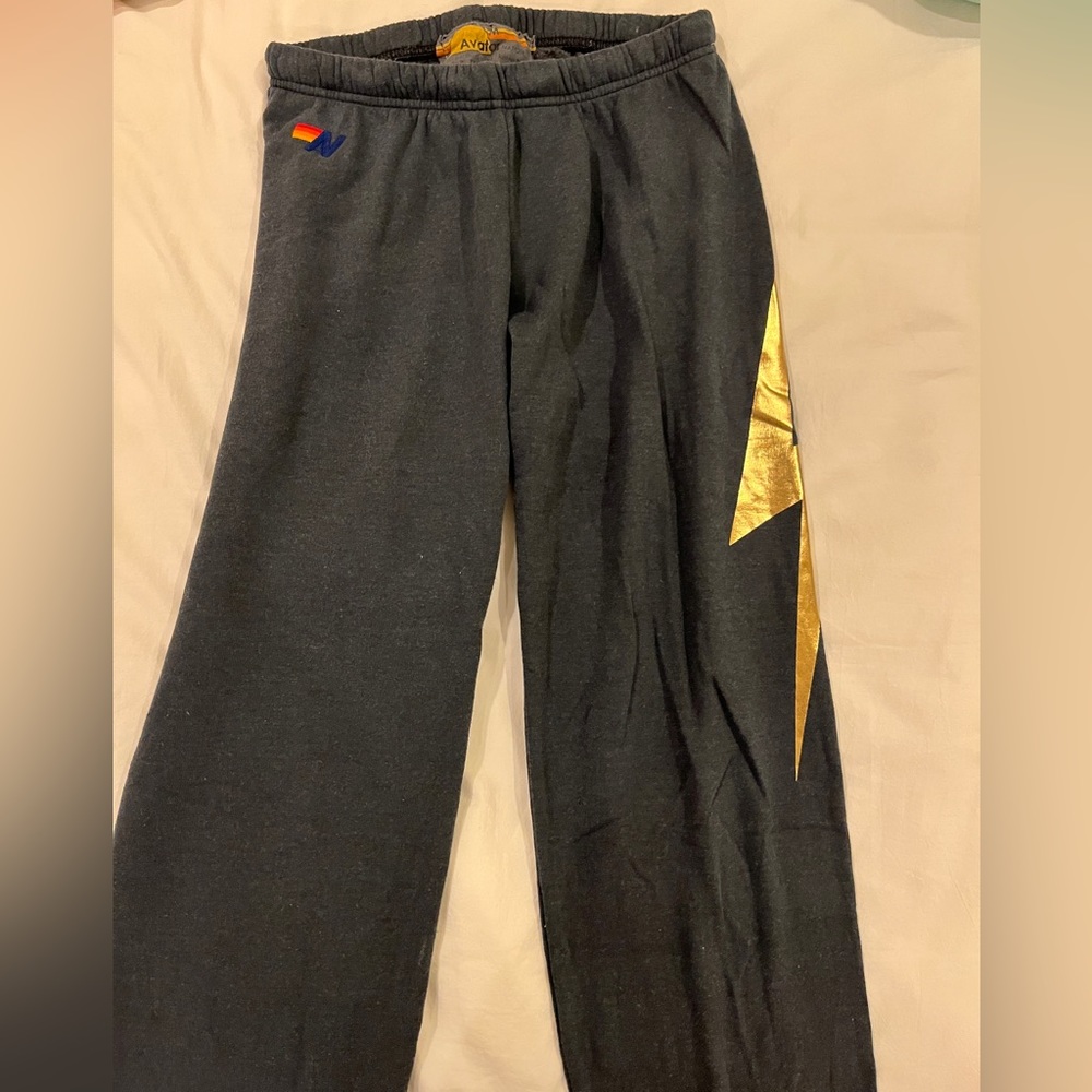 Aviator Nation lightning bold sweatpants, grey/gold, size medium